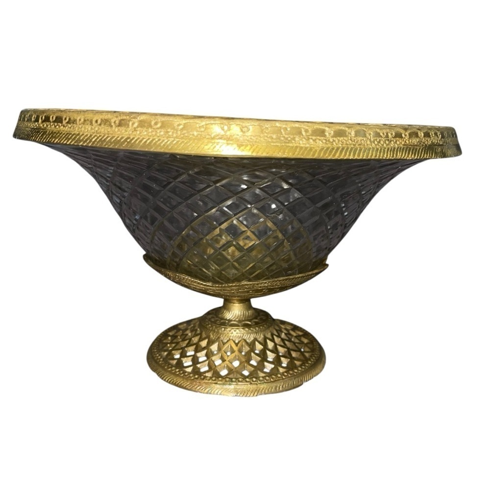 Vintage Brass & Cut Glass Pedestal Compote Bowl by Paradigm, India – 5.5” Tall - Picture 3 of 15